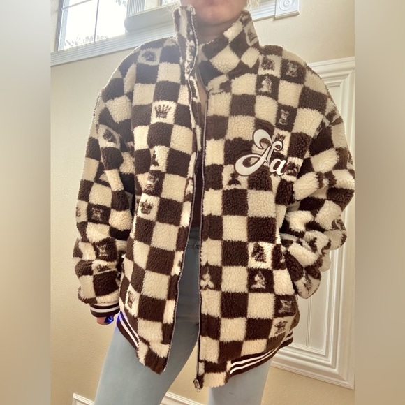 New Brown and Cream Checkered Fleece Jacket - Picture 2 of 9